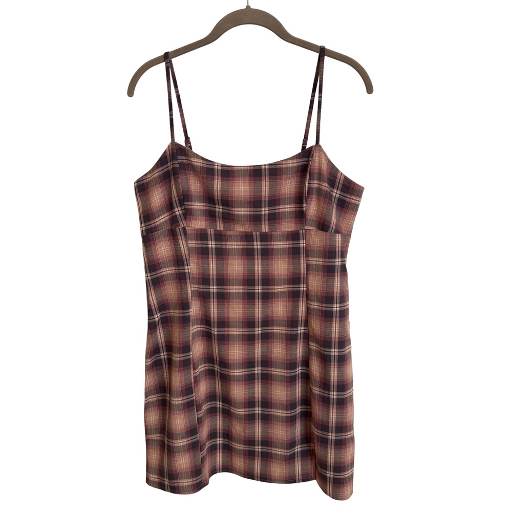 Aeropostale Womens Large Plaid Mini Dress Burgundy‎ Brown Smocked Back
